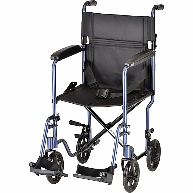 Nova 329B 19" Aluminum Lightweight Transport Chair - 8″ Rear Wheels - Fixed Full-Length Arms - Locking Rear Wheels - Swing Away Footrests - Blue