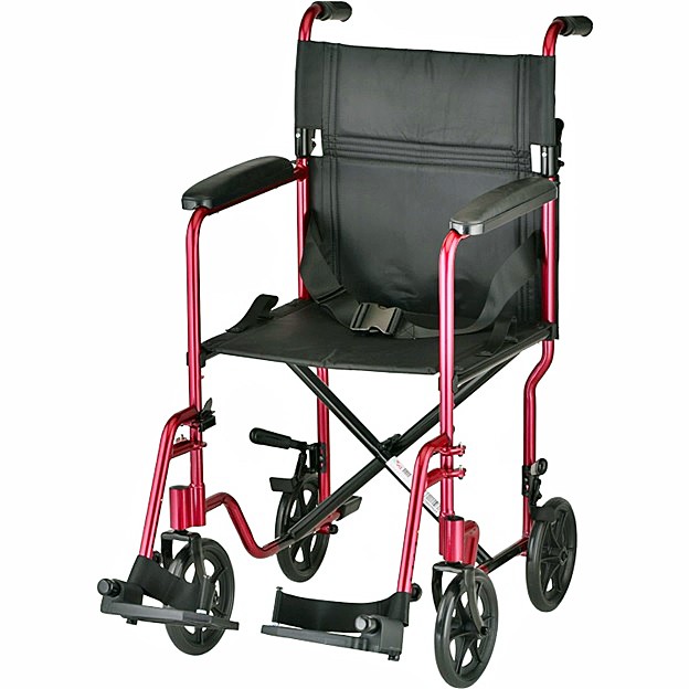 Nova 329R 19" Aluminum Lightweight Transport Chair - 8″ Rear Wheels - Fixed Full-Length Arms - Locking Rear Wheels - Swing Away Footrests - Red