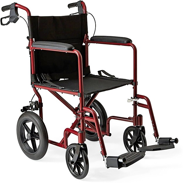 Medline Aluminum Foldable Transport Chair w/ Handbrakes, Permanent Full-Length Arms, Swing-Away Footrests - 19” Seat Width, 12-Inch Rear Wheels, Red Frame