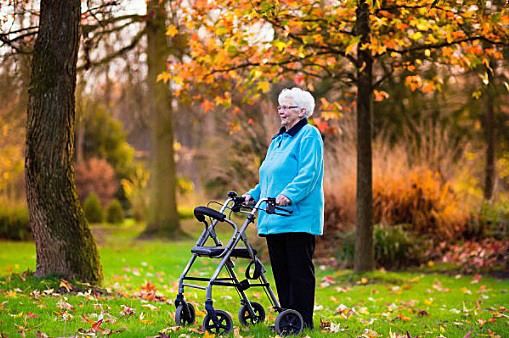 Woman Using a Rolling Walker Enjoying an Autumn Outside Stroll