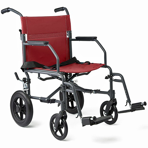 Medline Basic Aluminum Folding Transport Chair - 19" Seat Width w/ 12-Inch Rear Wheels, Gray Frame, Microban, Burgundy Upholstery