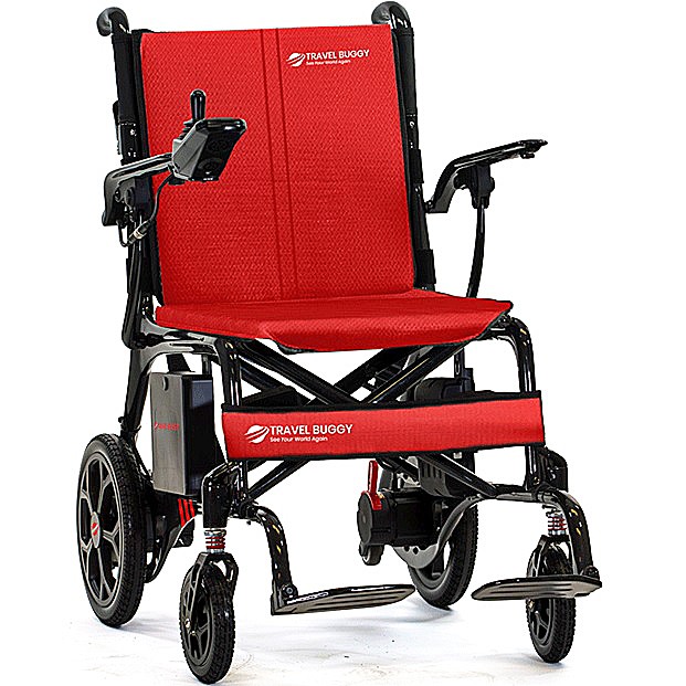 AeroLux Carbon Foldable Power Chair - Red Fabric Color - Black Frame - By Travel Buggy