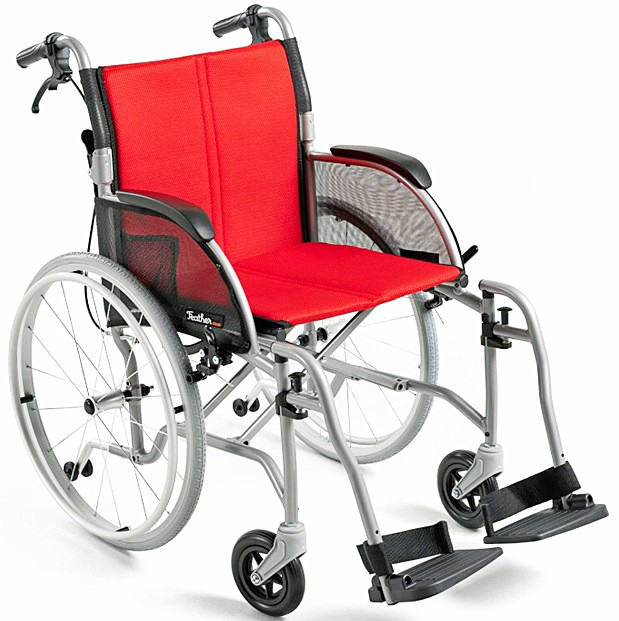 Feather Chair™ Lightweight Folding Manual Wheelchair - Silver Frame - Red Cushion