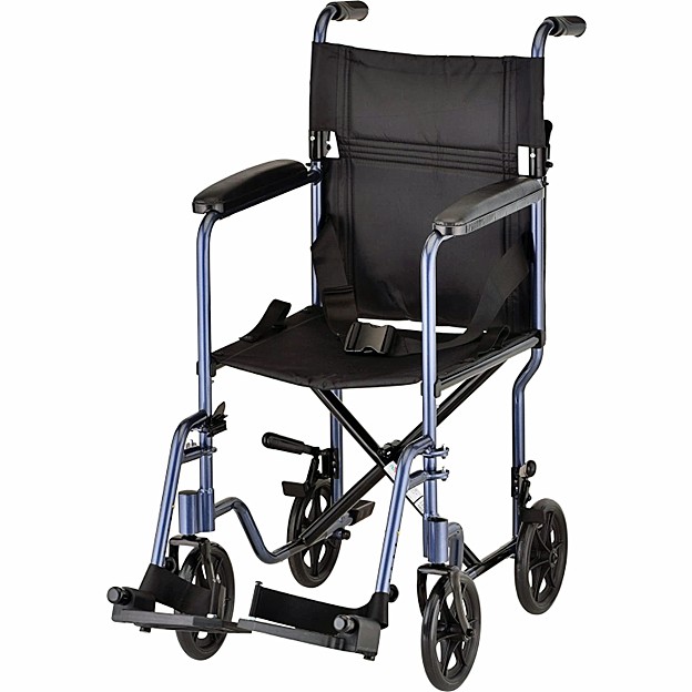 Nova 327B 17” Aluminum Lightweight Transport Chair - 8″ Rear Wheels - Fixed Full-Length Arms - Locking Rear Wheels - Swing Away Footrests - Blue