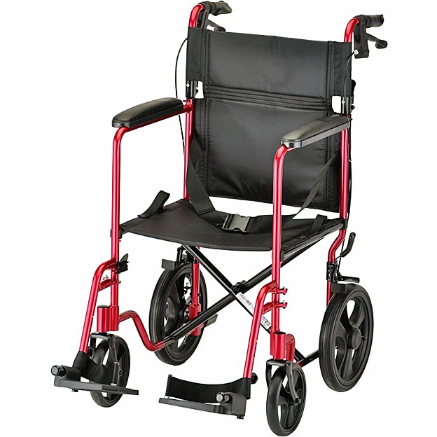 Nova 330R 20” Aluminum Lightweight Transport Chair - 12" Rear Wheels - Fixed Full-Length Arms - Hand Breaks - Swing Away Footrests - Red