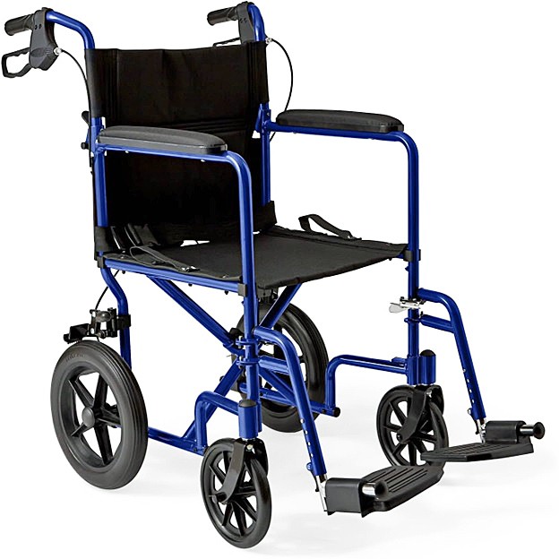 Medline Aluminum Foldable Transport Chair w/ Handbrakes, Permanent Full-Length Arms, Swing-Away Footrests - 19” Seat Width, 12-Inch Rear Wheels, Blue Frame