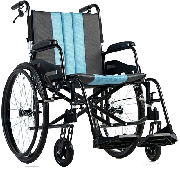 Feather Chair™ Lightweight Folding Manual Wheelchair - Black Frame -  
Blue Stripe and Grey Cushion