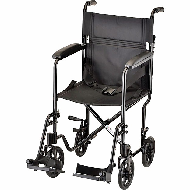 Nova 329BK 19" Aluminum Lightweight Transport Chair - 8″ Rear Wheels - Fixed Full-Length Arms - Locking Rear Wheels - Swing Away Footrests - Black