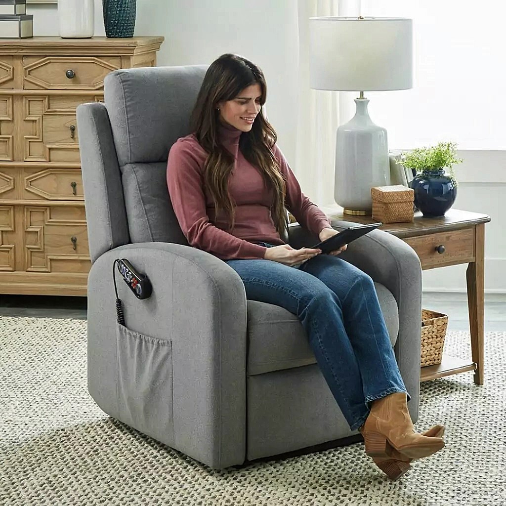 EZ Sleeper Slim PR763 Lift Chair - Tucker Sterling Fabric - By Golden Technologies - Woman Relaxing in Lift Chair