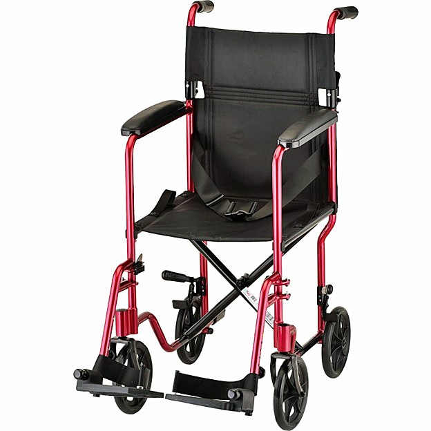 Nova 327R 17” Aluminum Lightweight Transport Chair - 8″ Rear Wheels - Fixed Full-Length Arms - Locking Rear Wheels - Swing Away Footrests - Red