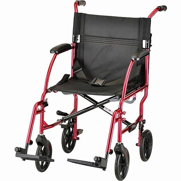 Nova 379R 19" Aluminum Lightweight Transport Chair - 8″ Rear Wheels - Fixed Desk Arms - Locking Rear Wheels - Swing Away Footrest - Red