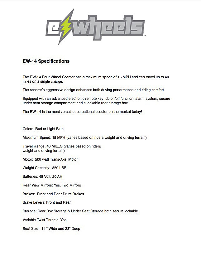 EW-14 Recreational Scooter Specifications