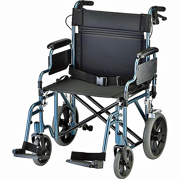 Nova 332B 22" Aluminum Heavy-Duty Transport Chair - 12" Rear Wheels - Removable Desk Arms - Hand Brakes - Swing Away Footrests - Blue