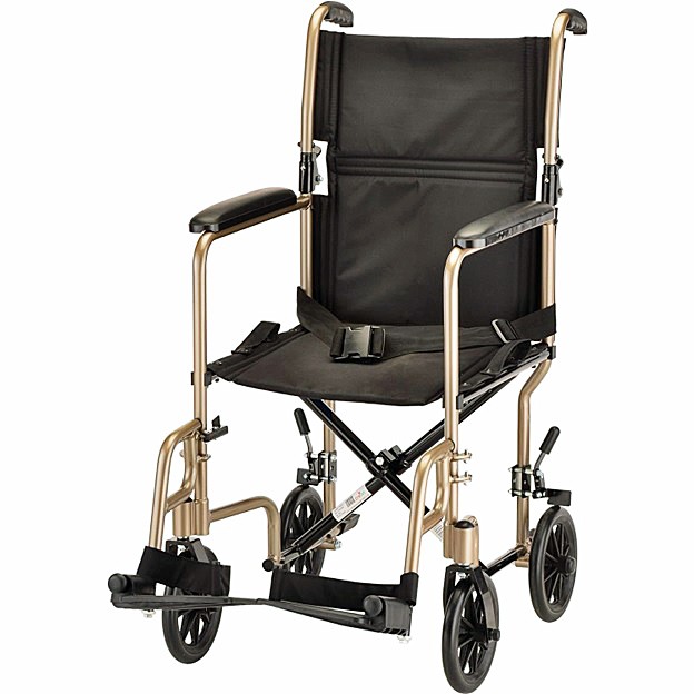 Nova 319C 19" Steel Transport Chair - 8″ Rear Wheels - Fixed Full-Length Arms - Locking Rear Wheels - Swing Away Footrests - Champagne