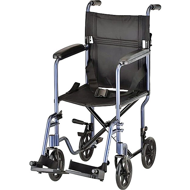 Nova 319B 19" Steel Transport Chair - 8″ Rear Wheels - Fixed Full-Length Arms - Locking Rear Wheels - Swing Away Footrests - Blue