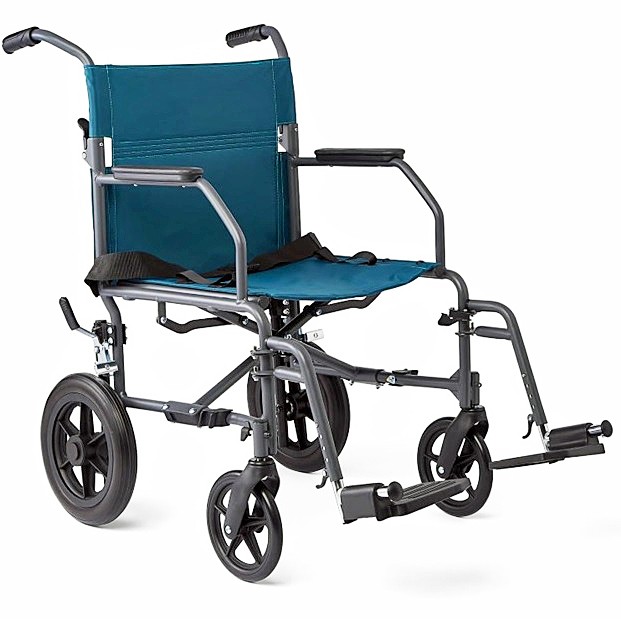 Medline Basic Steel Folding Transport Chair - 19" Seat Width, w/ 12-Inch Rear Wheels, Gray Frame, Microban, Teal Upholstery