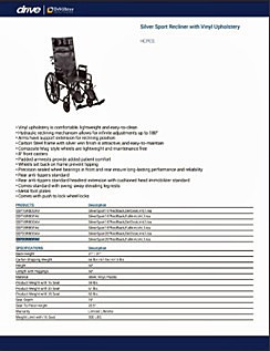 Silver Sport Full-Reclining Wheelchair with Vinyl Upholstery Brochure