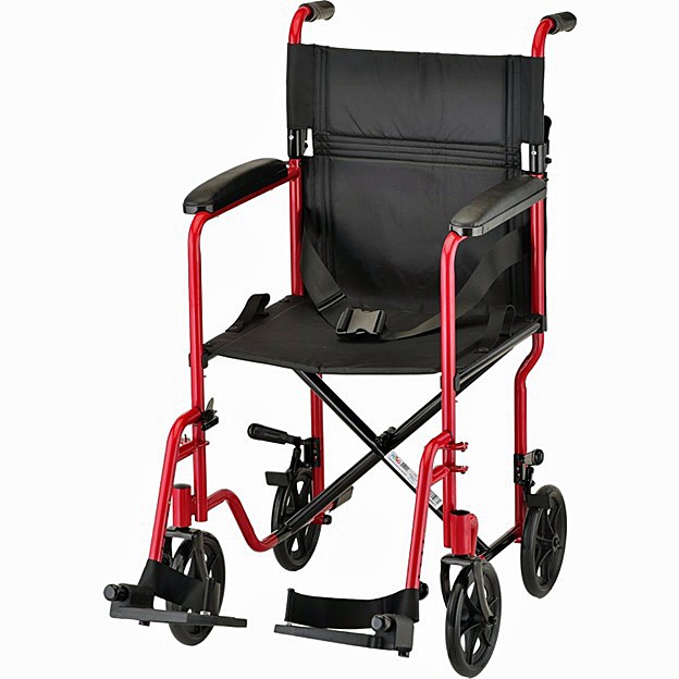 Nova 319R 19" Steel Transport Chair - 8″ Rear Wheels - Fixed Full-Length Arms - Locking Rear Wheels - Swing Away Footrests - Red