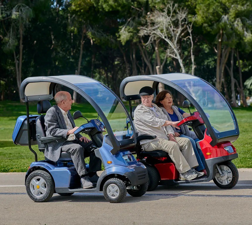 Afiscooter S  - Dual Seat Recreational Scooters - Left S4 4-Wheel Scooter - Right S3 3-Wheel Scooter.