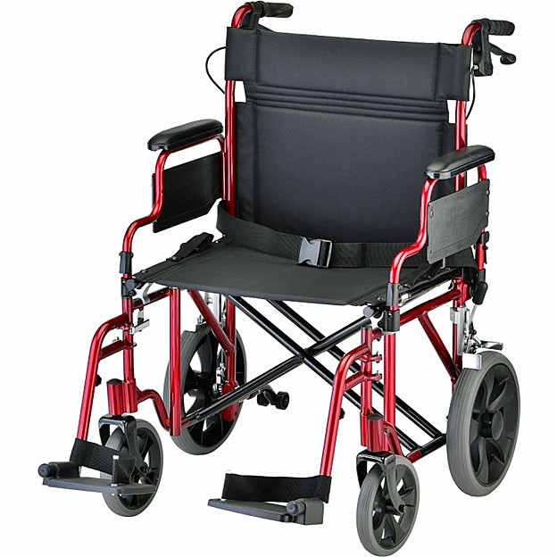 Nova 332R 22" Aluminum Heavy-Duty Transport Chair - 12" Rear Wheels - Removable Desk Arms - Hand Brakes - Swing Away Footrests - Red