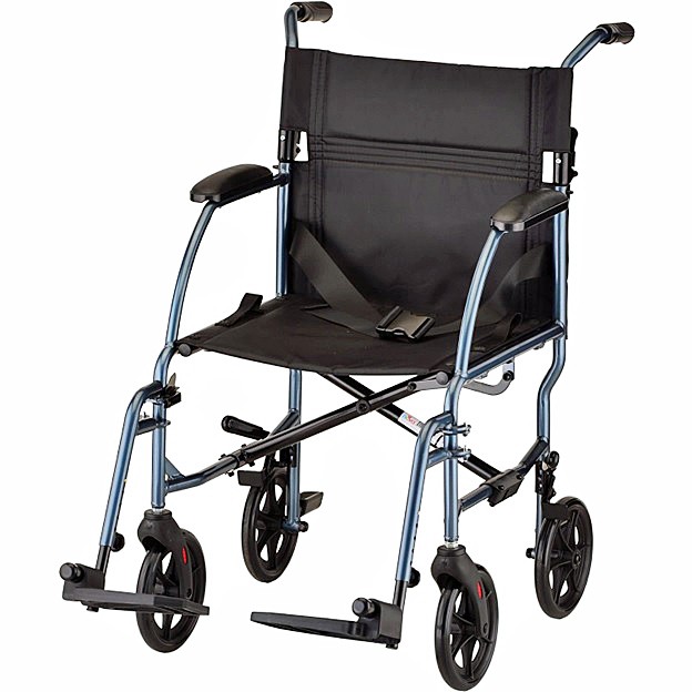 Nova 379B 19" Aluminum Lightweight Transport Chair - 8″ Rear Wheels - Fixed Desk Arms - Locking Rear Wheels - Swing Away Footrest - Blue