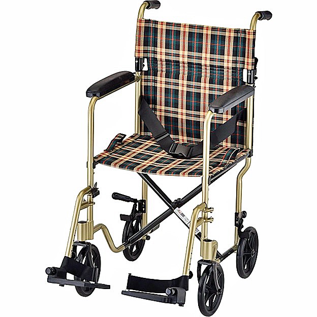 Nova 329CP 19" Aluminum Lightweight Transport Chair - 8″ Rear Wheels - Fixed Full-Length Arms - Locking Rear Wheels - Swing Away Footrests - Champagne Plaid