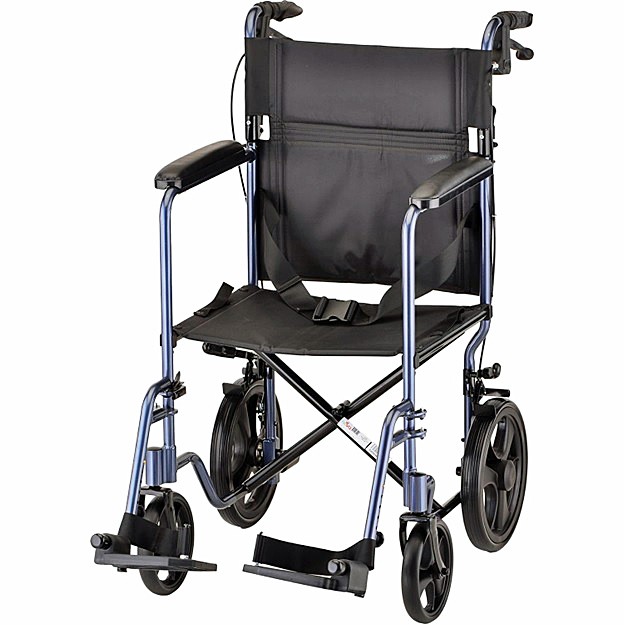 Nova 330B 20” Aluminum Lightweight Transport Chair - 12" Rear Wheels - Fixed Full-Length Arms - Hand Breaks - Swing Away Footrests - Blue